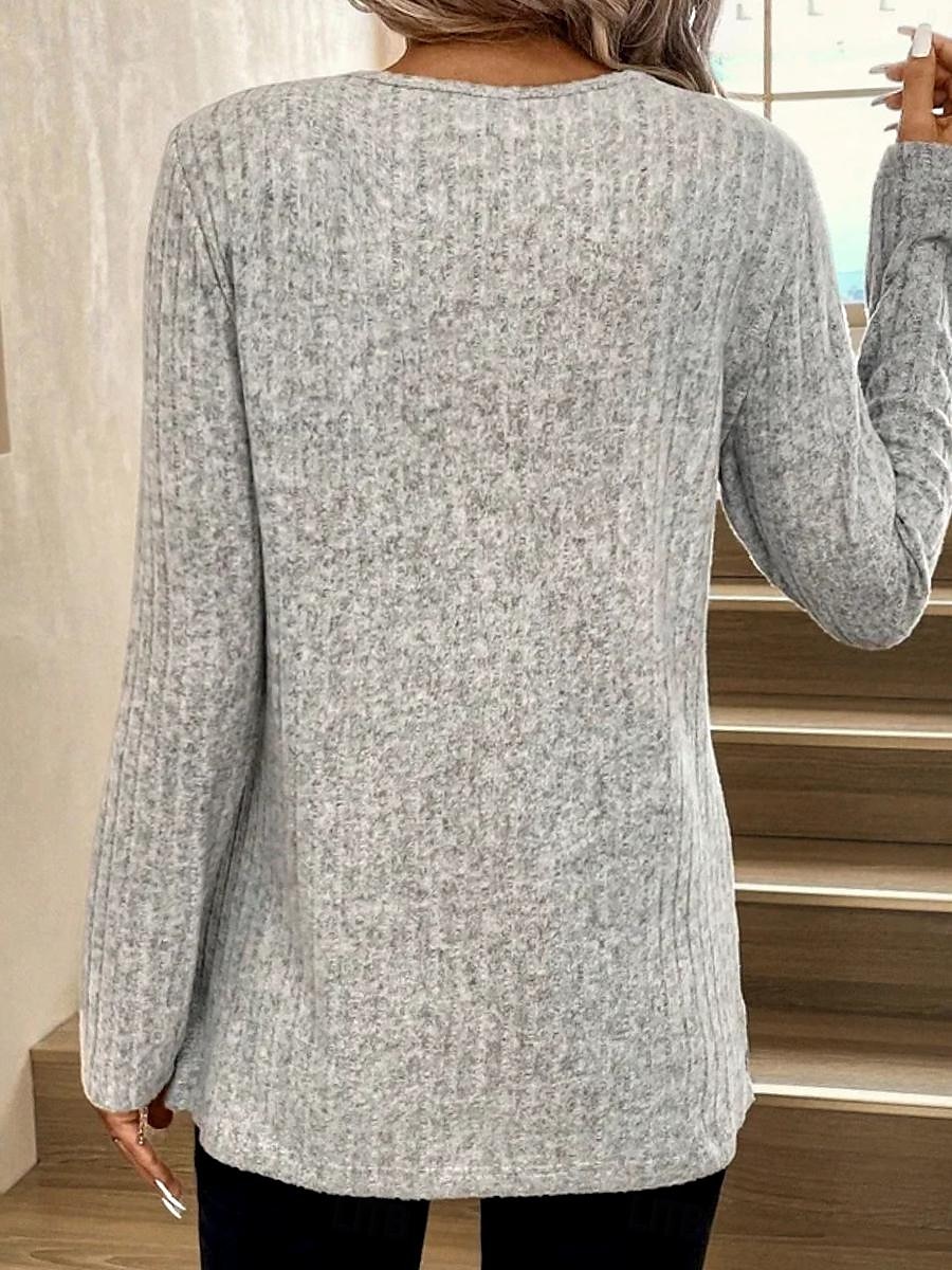 Textured Ribbed Long Sleeve T-shirt with Lace Patchwork Design