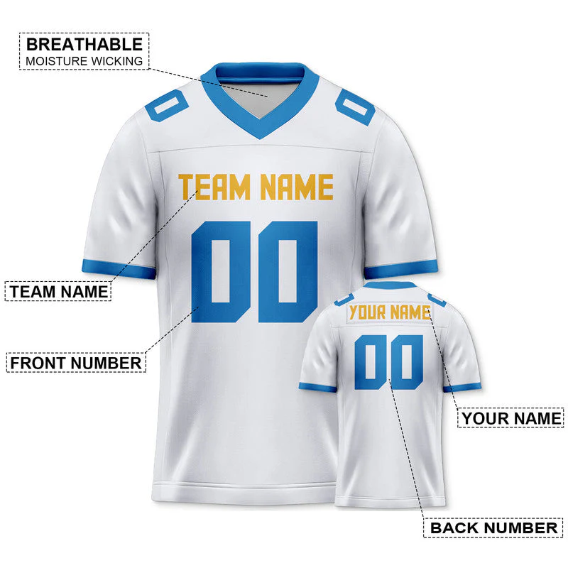 Custom White Powder Blue-Yellow Mesh Authentic Football Jersey