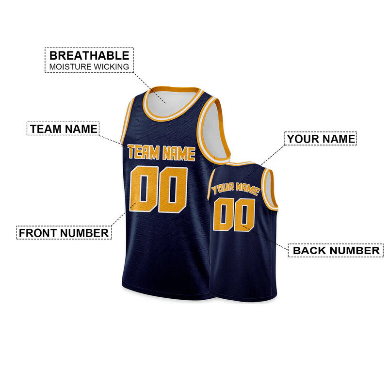 Custom Navy Gold Round Neck Rib-Knit Basketball Jersey